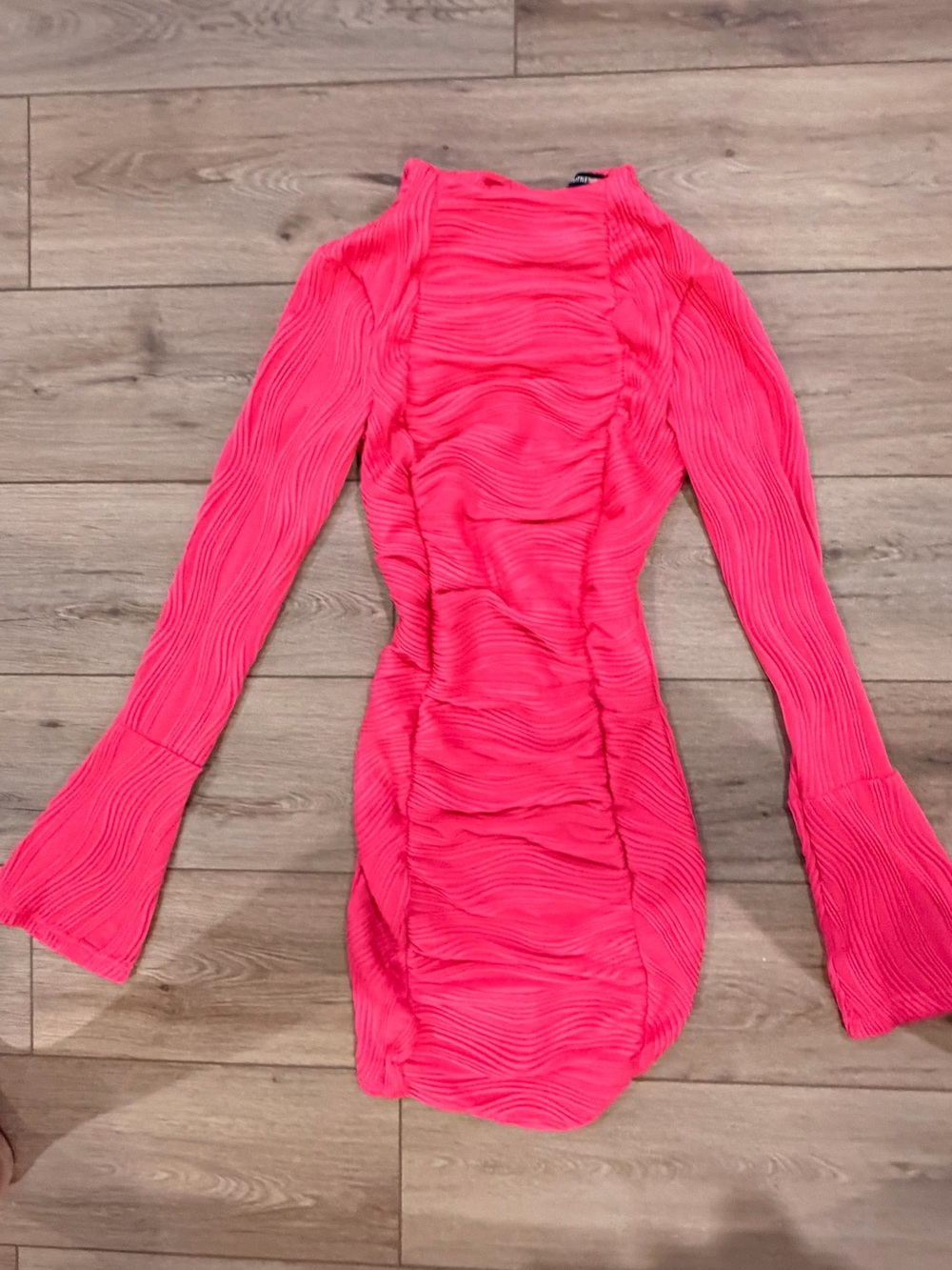 PLT Pink Long-Sleeve Ruched Bodycon Dress